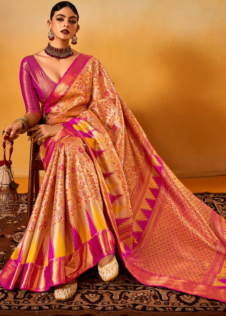 Purple & Golden Zari-Woven Silk Saree with Bold Contrast Border