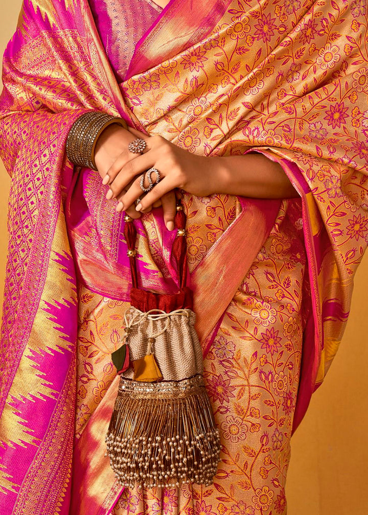 Purple & Golden Zari-Woven Silk Saree with Bold Contrast Border