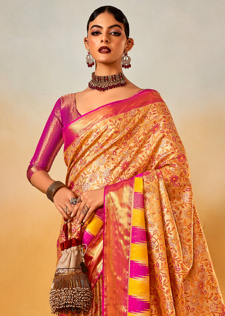 Purple & Golden Zari-Woven Silk Saree with Bold Contrast Border