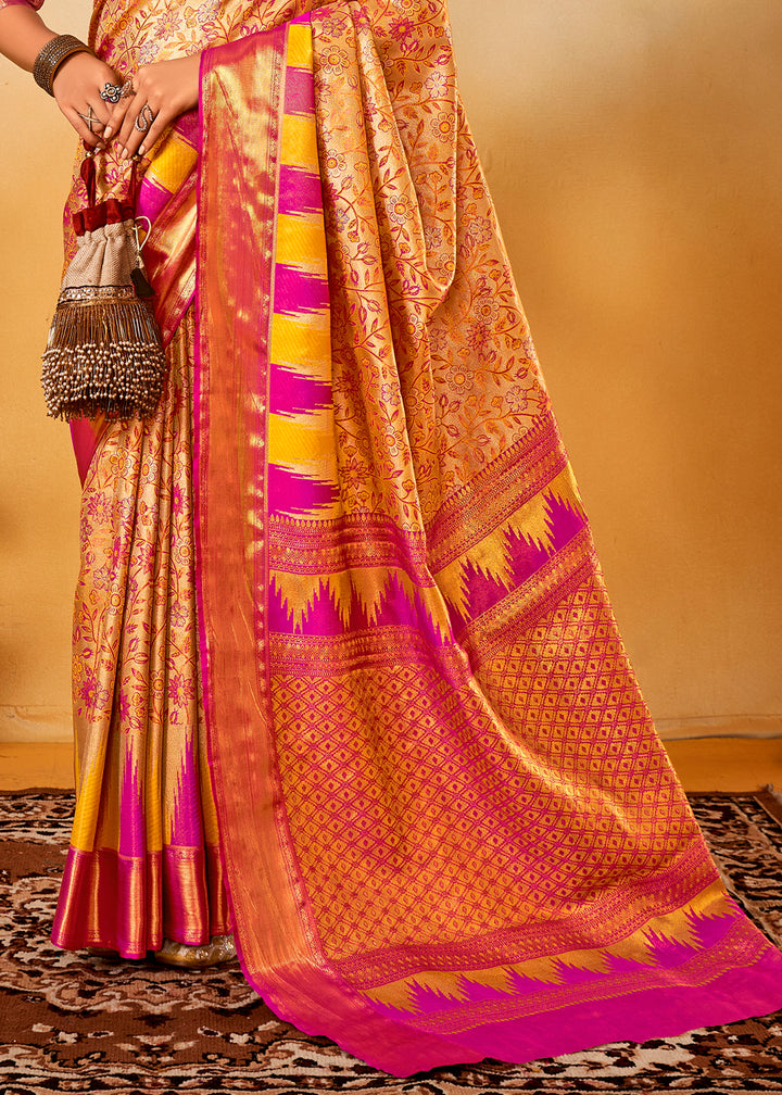 Purple & Golden Zari-Woven Silk Saree with Bold Contrast Border