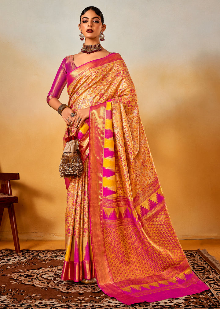 Purple & Golden Zari-Woven Silk Saree with Bold Contrast Border