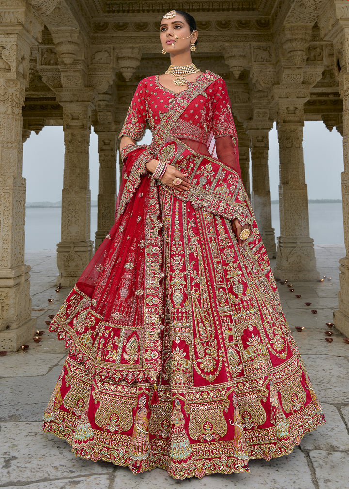 Rufous Red Banarasi Silk Lehenga Choli with Elegant Khatli Work and Handcrafted Embroidery