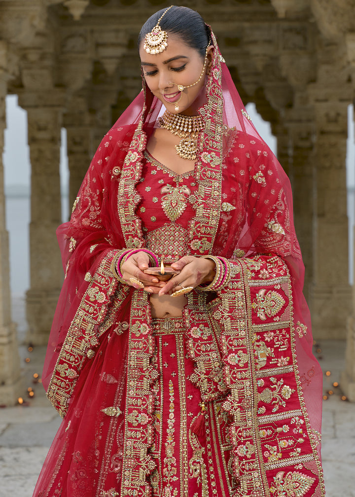 Rufous Red Banarasi Silk Lehenga Choli with Elegant Khatli Work and Handcrafted Embroidery