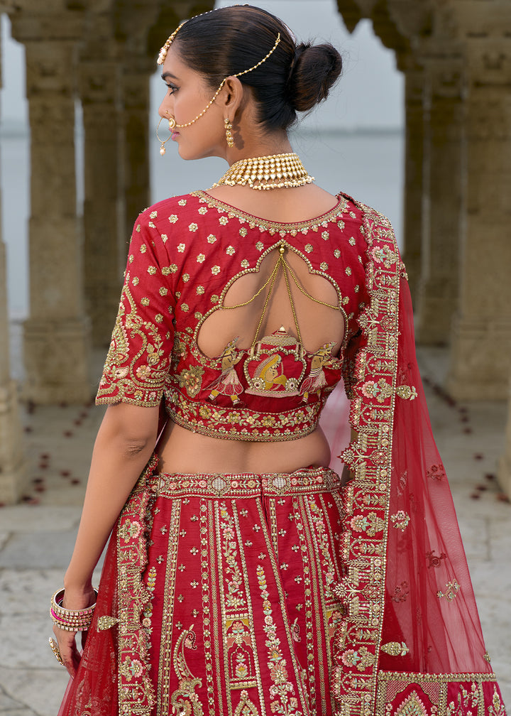 Rufous Red Banarasi Silk Lehenga Choli with Elegant Khatli Work and Handcrafted Embroidery