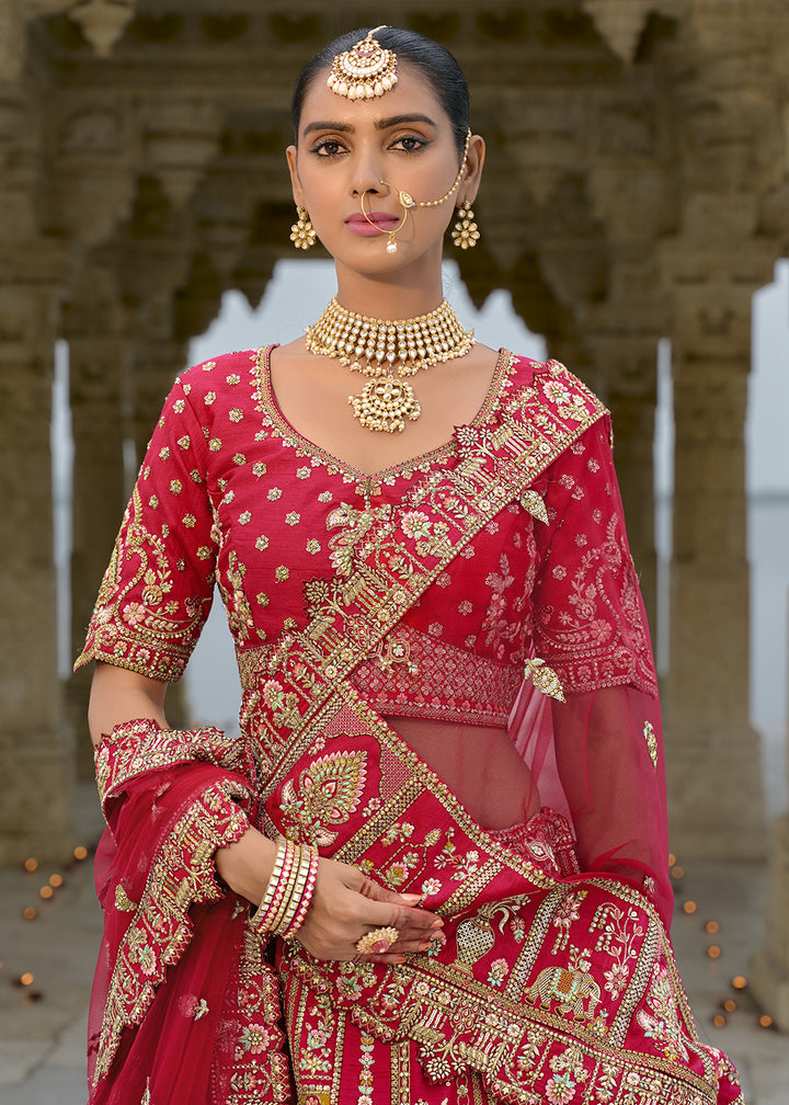 Rufous Red Banarasi Silk Lehenga Choli with Elegant Khatli Work and Handcrafted Embroidery