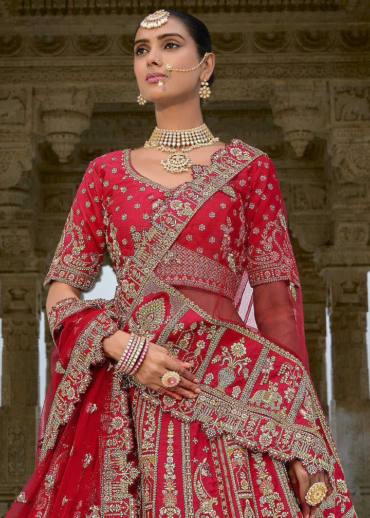 Rufous Red Banarasi Silk Lehenga Choli with Elegant Khatli Work and Handcrafted Embroidery
