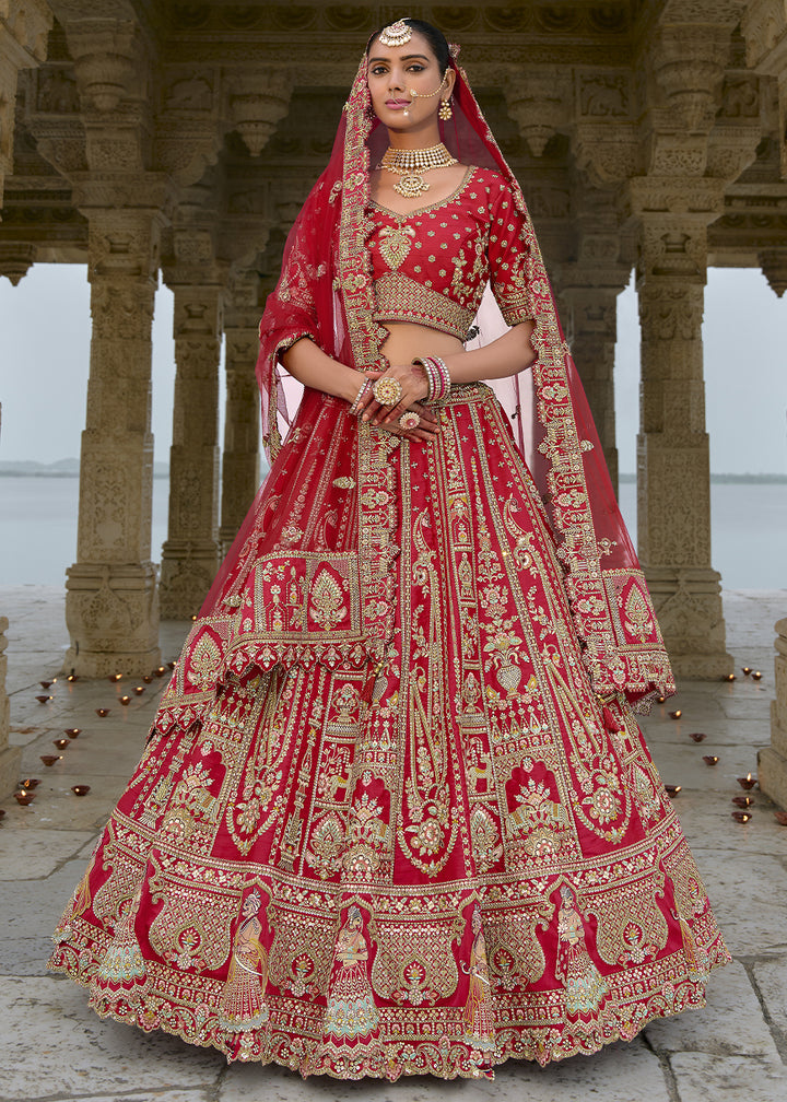 Rufous Red Banarasi Silk Lehenga Choli with Elegant Khatli Work and Handcrafted Embroidery