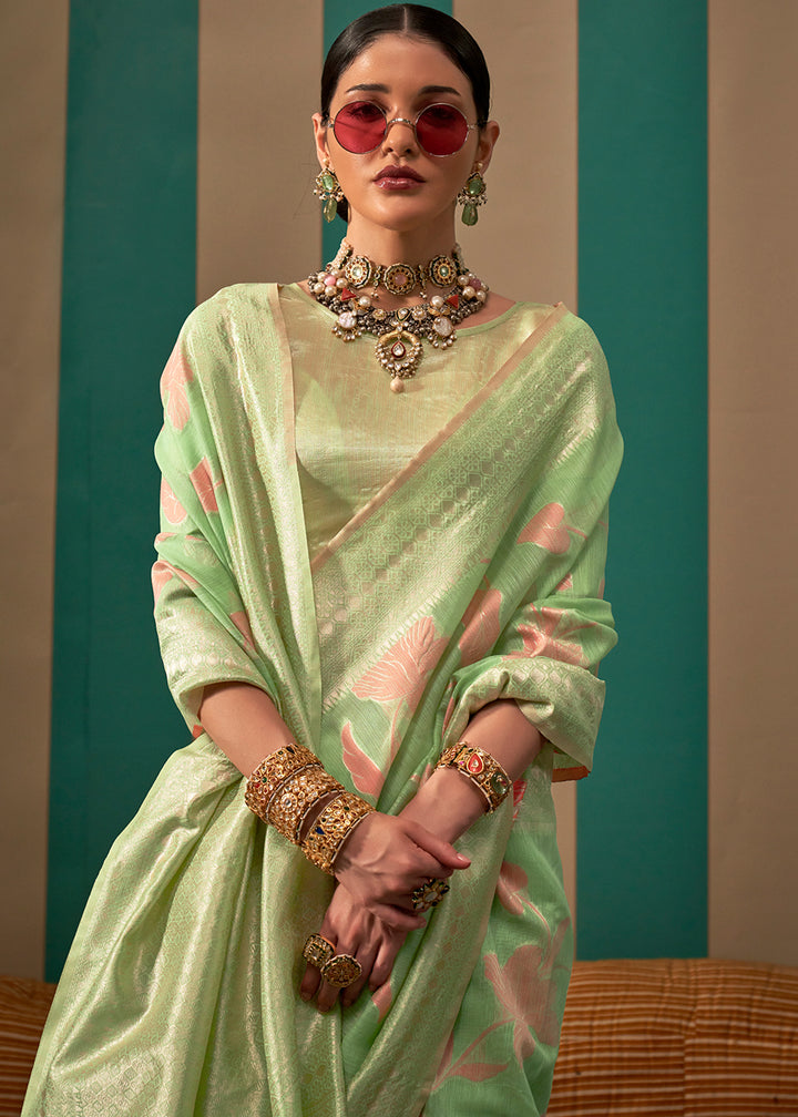 Apple Green Linen Silk Saree having Floral Zari work