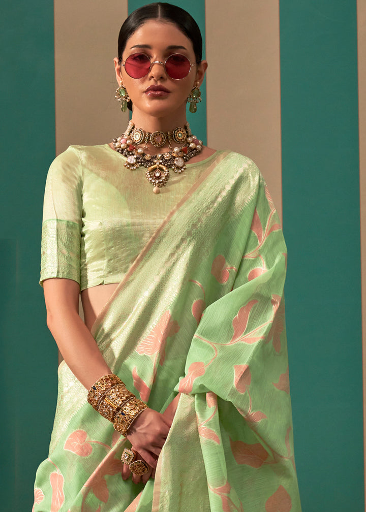 Apple Green Linen Silk Saree having Floral Zari work