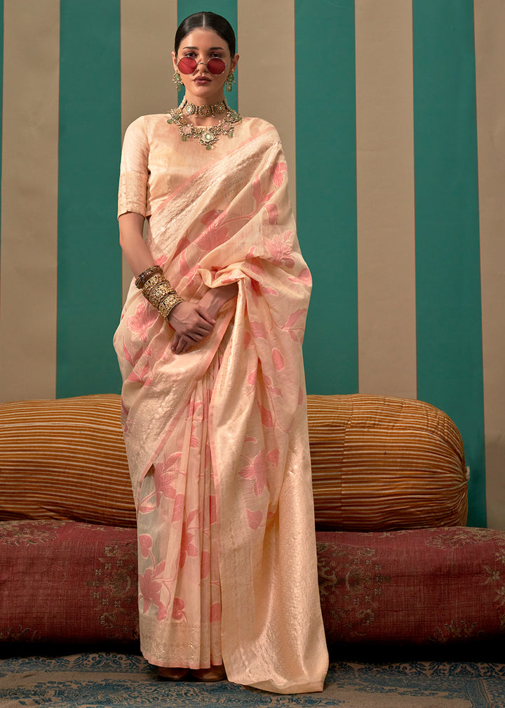 Light Peach Pink Linen Silk Saree having Floral Zari work