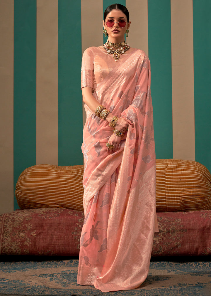 Salmon Pink Linen Silk Saree having Floral Zari work