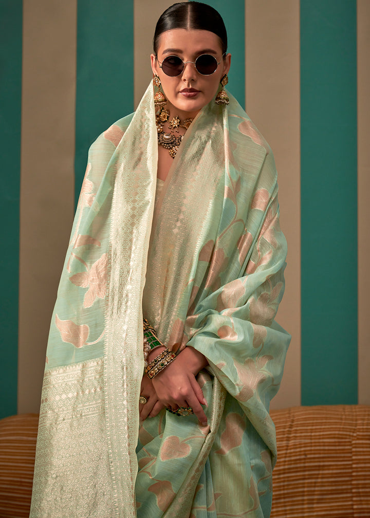 Fern Green Linen Silk Saree having Floral Zari work