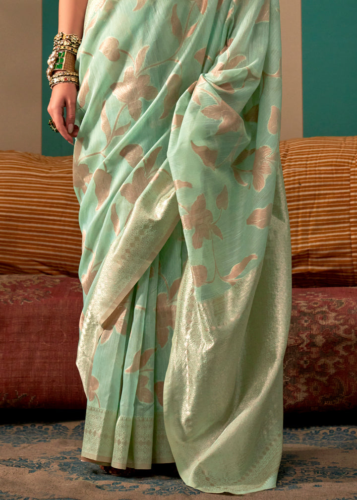 Fern Green Linen Silk Saree having Floral Zari work