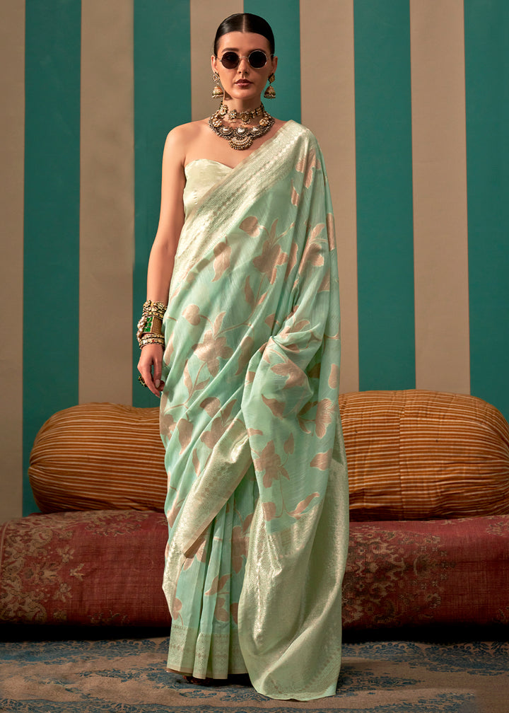 Fern Green Linen Silk Saree having Floral Zari work