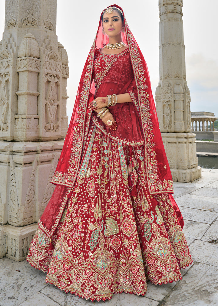 Lipstick Red Banarasi Silk Lehenga Choli with Elegant Khatli Work and Handcrafted Embroidery
