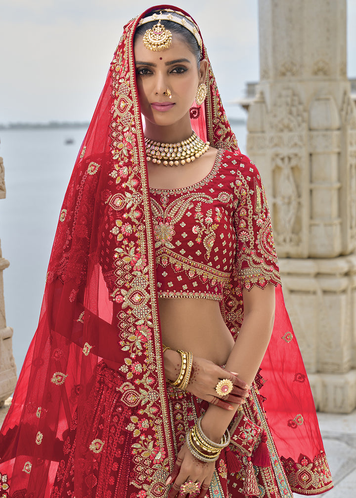 Lipstick Red Banarasi Silk Lehenga Choli with Elegant Khatli Work and Handcrafted Embroidery