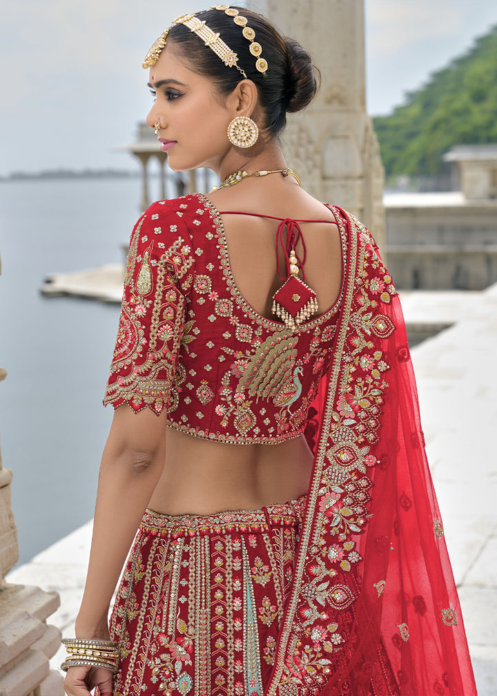 Lipstick Red Banarasi Silk Lehenga Choli with Elegant Khatli Work and Handcrafted Embroidery