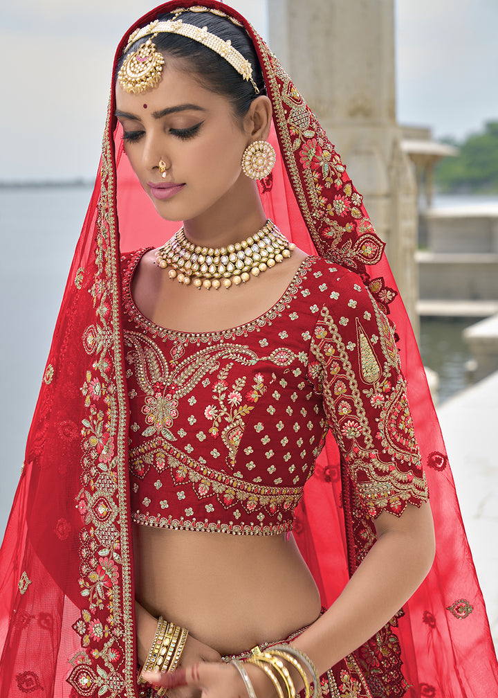 Lipstick Red Banarasi Silk Lehenga Choli with Elegant Khatli Work and Handcrafted Embroidery