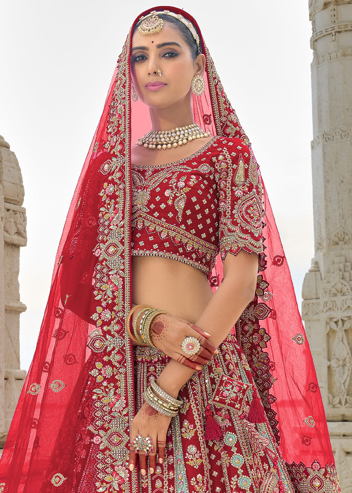 Lipstick Red Banarasi Silk Lehenga Choli with Elegant Khatli Work and Handcrafted Embroidery