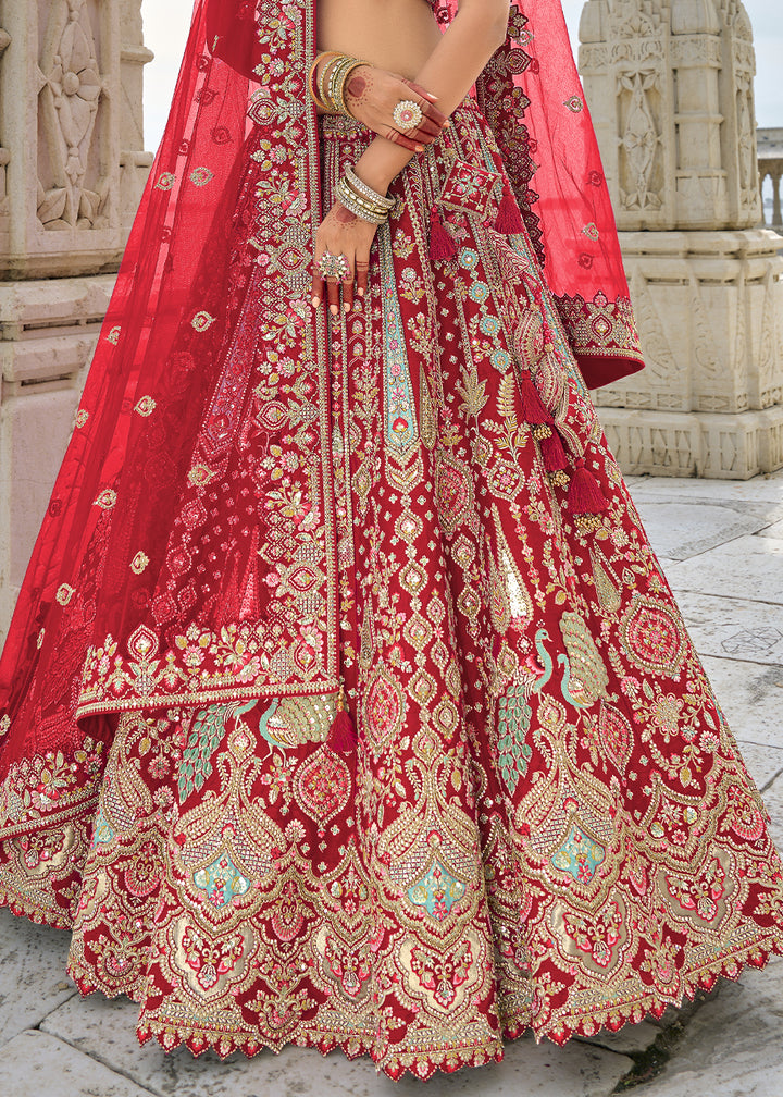 Lipstick Red Banarasi Silk Lehenga Choli with Elegant Khatli Work and Handcrafted Embroidery