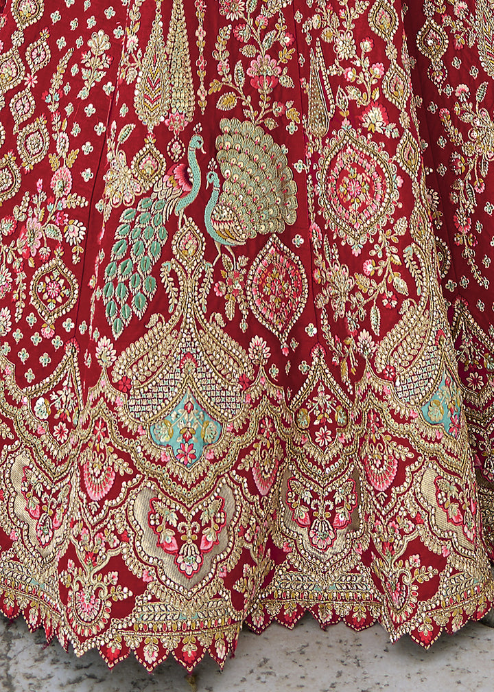 Lipstick Red Banarasi Silk Lehenga Choli with Elegant Khatli Work and Handcrafted Embroidery