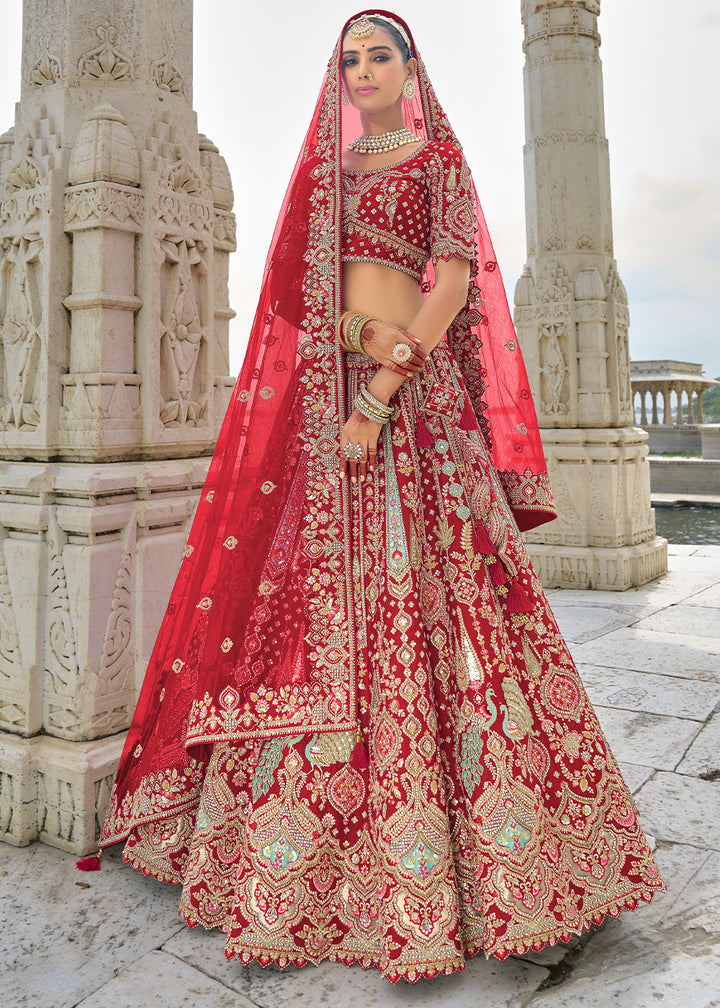 Lipstick Red Banarasi Silk Lehenga Choli with Elegant Khatli Work and Handcrafted Embroidery