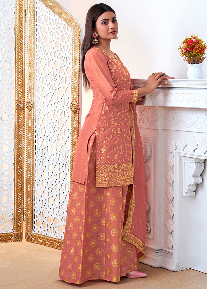 Brink Pink Tissue Silk Sharara Suit Set with Pitta Work and Gold Jhalar Dupatta