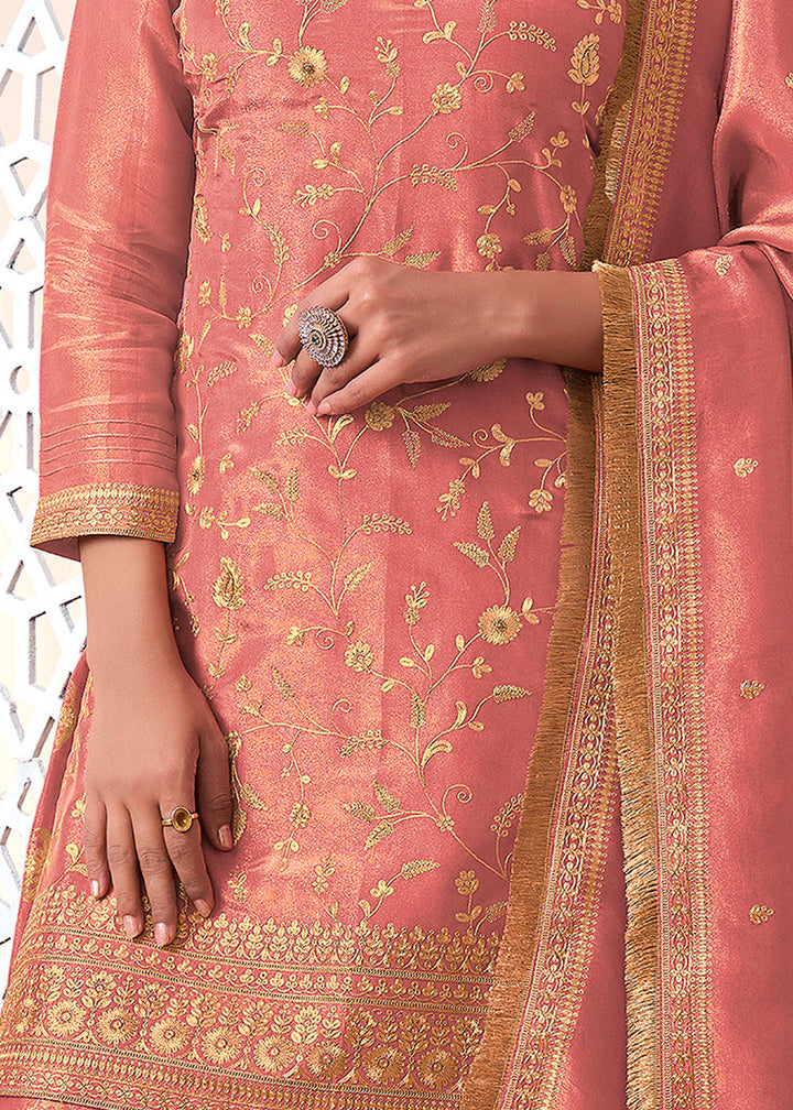 Brink Pink Tissue Silk Sharara Suit Set with Pitta Work and Gold Jhalar Dupatta