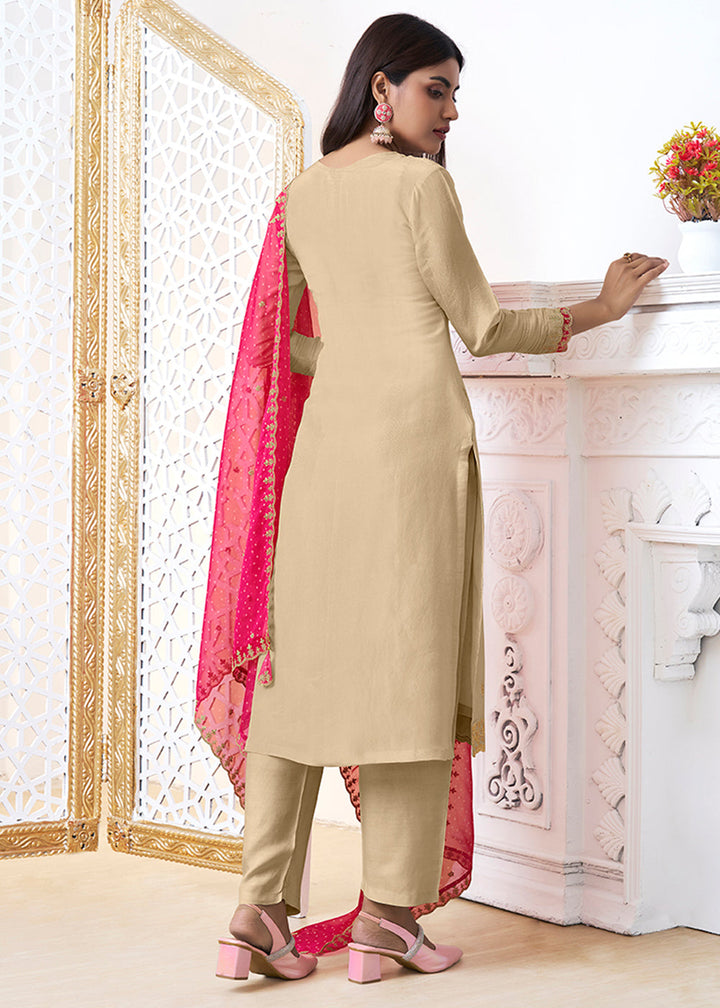 Oat Brown Tissue Silk Kurta Suit Set with Bandhani Print and Contrast Dupatta