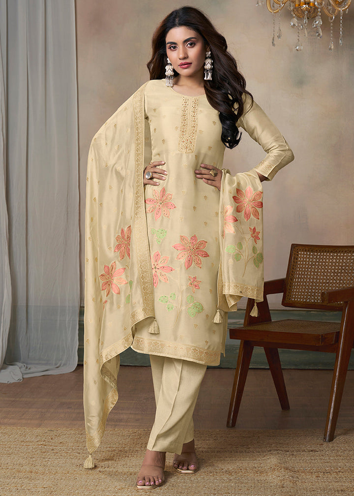 Beige Brown Jacquard Weave Kurta Suit Set with Floral Top-Dyed Design