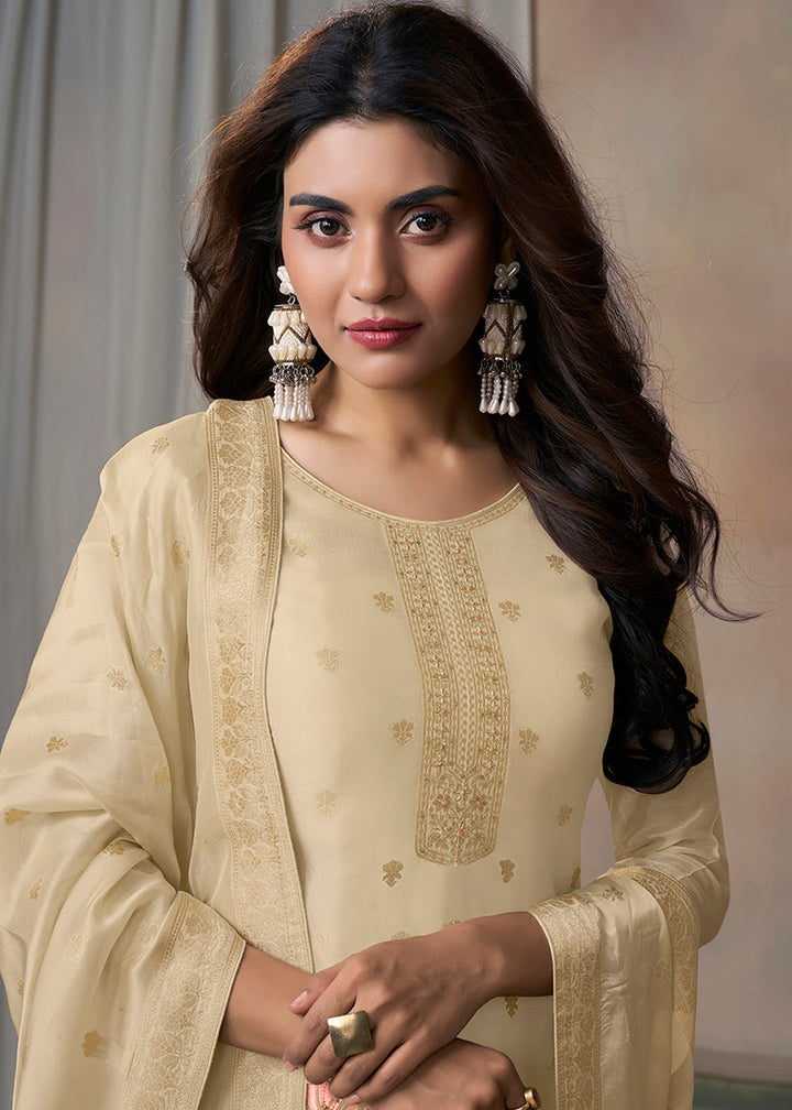 Beige Brown Jacquard Weave Kurta Suit Set with Floral Top-Dyed Design