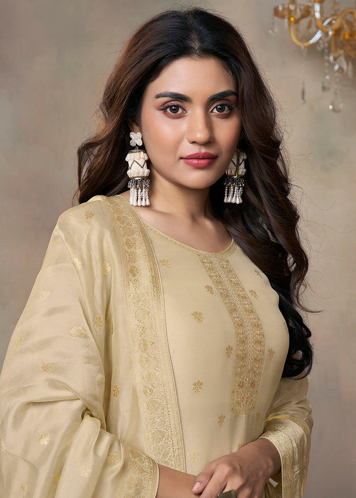 Beige Brown Jacquard Weave Kurta Suit Set with Floral Top-Dyed Design