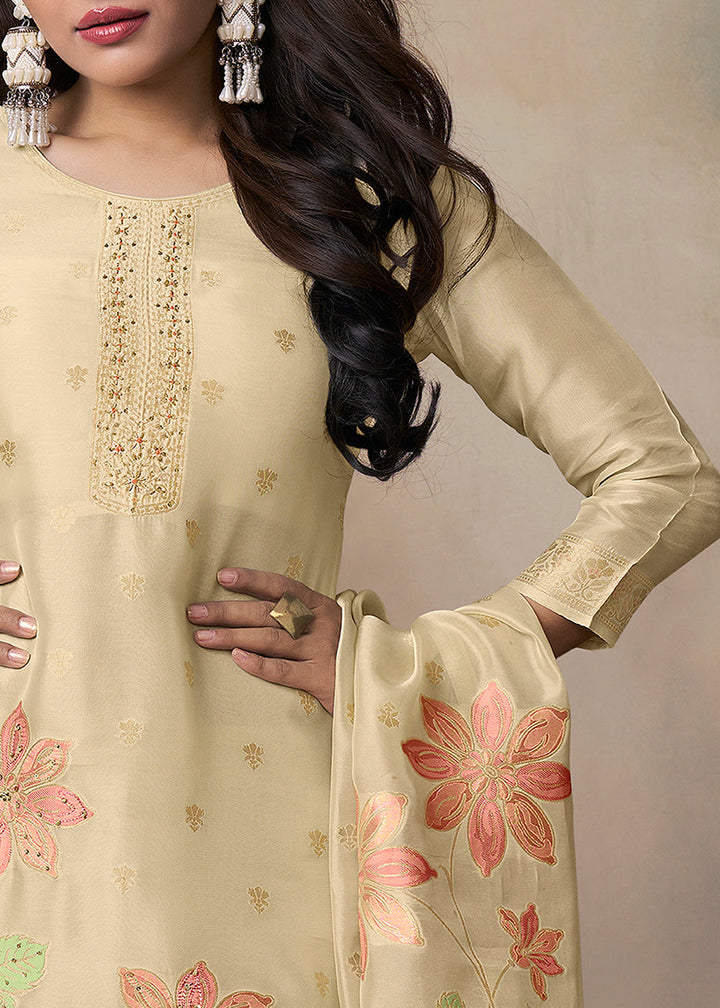 Beige Brown Jacquard Weave Kurta Suit Set with Floral Top-Dyed Design