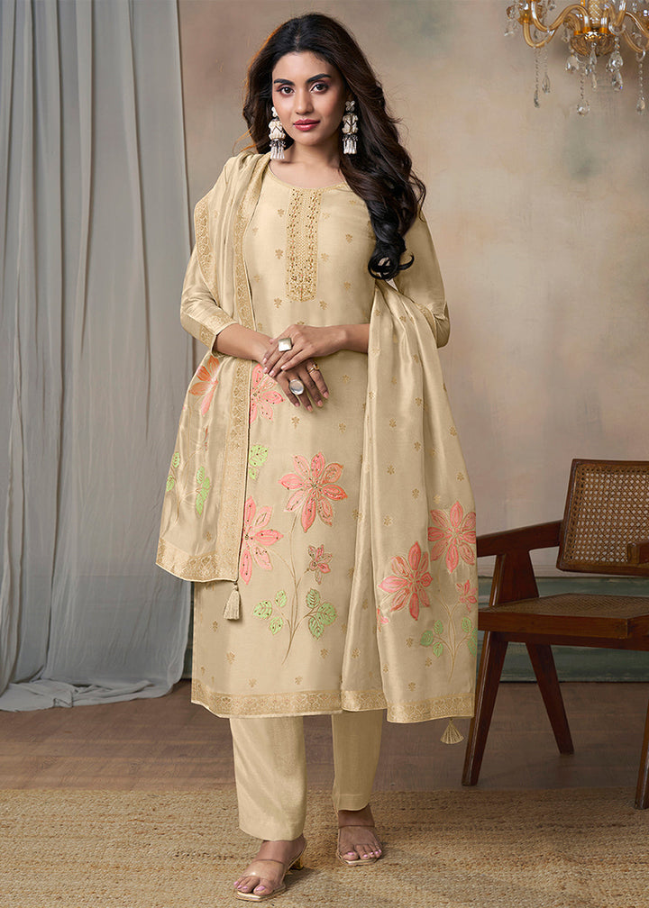 Beige Brown Jacquard Weave Kurta Suit Set with Floral Top-Dyed Design