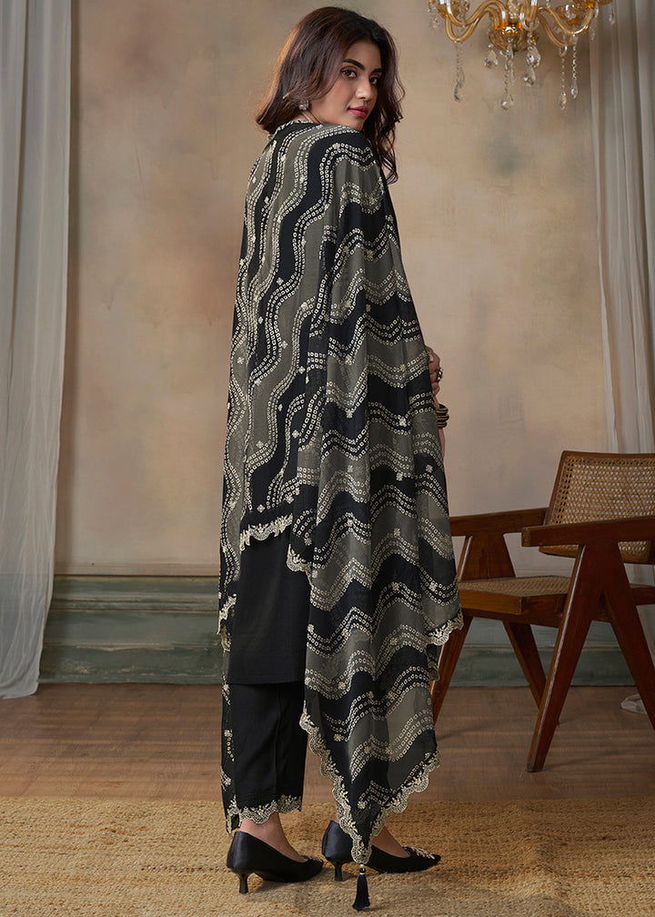 Onyx Black Dola Silk Kurta Suit Set Featuring Thread Buttas and Digital Print Dupatta
