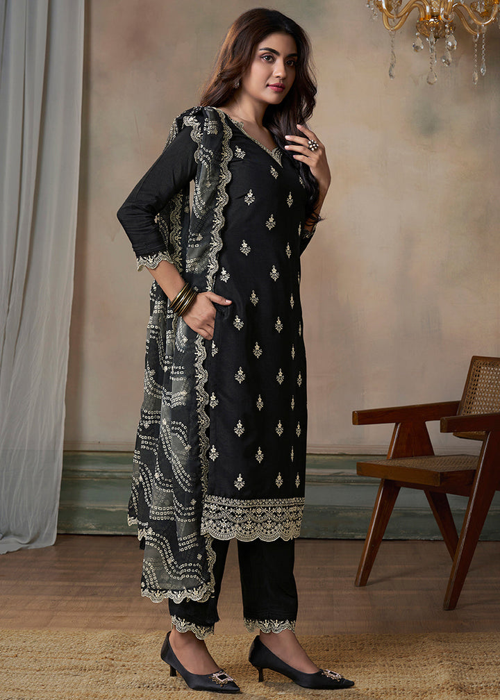 Onyx Black Dola Silk Kurta Suit Set Featuring Thread Buttas and Digital Print Dupatta