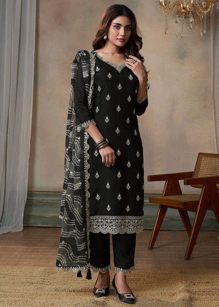 Onyx Black Dola Silk Kurta Suit Set Featuring Thread Buttas and Digital Print Dupatta