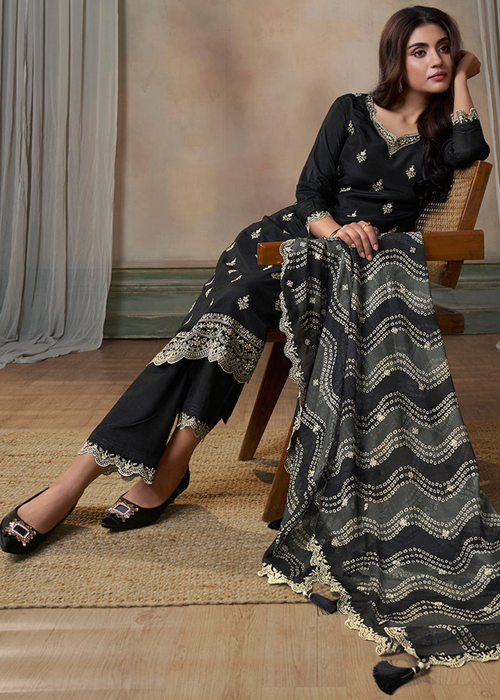 Onyx Black Dola Silk Kurta Suit Set Featuring Thread Buttas and Digital Print Dupatta