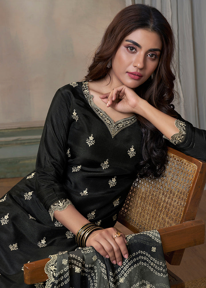Onyx Black Dola Silk Kurta Suit Set Featuring Thread Buttas and Digital Print Dupatta