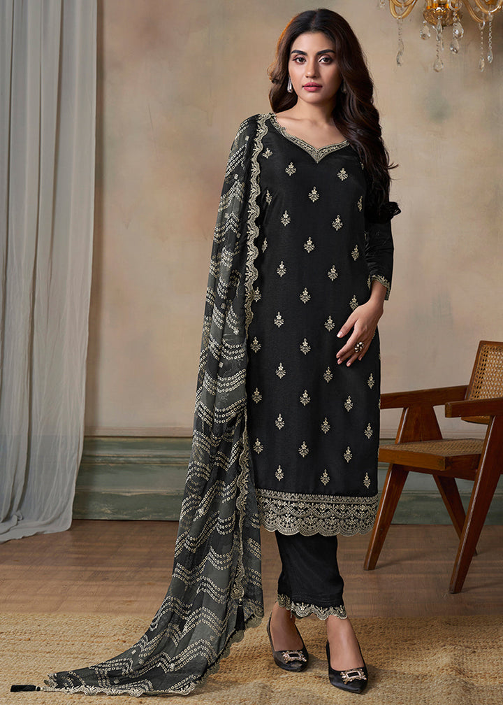 Onyx Black Dola Silk Kurta Suit Set Featuring Thread Buttas and Digital Print Dupatta