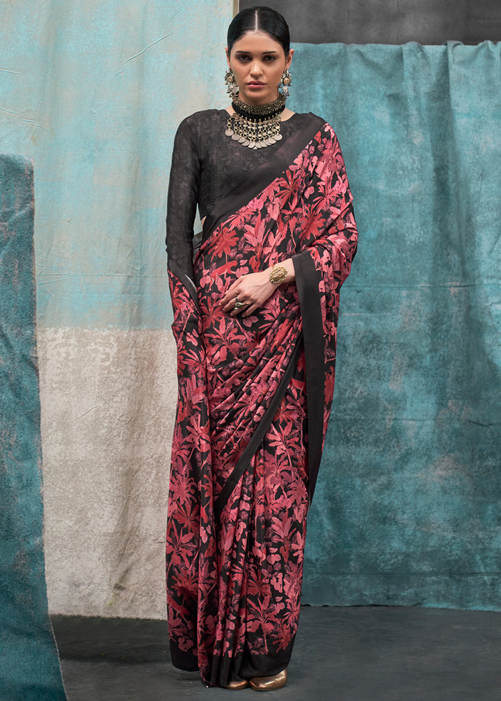 Pink & Black Designer Printed Silk Crepe Saree