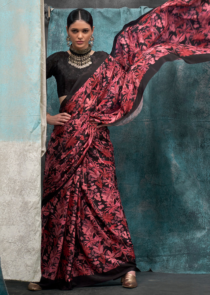 Pink & Black Designer Printed Silk Crepe Saree