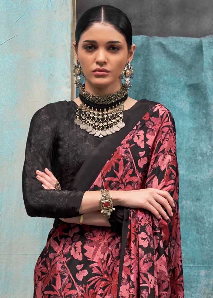 Pink & Black Designer Printed Silk Crepe Saree
