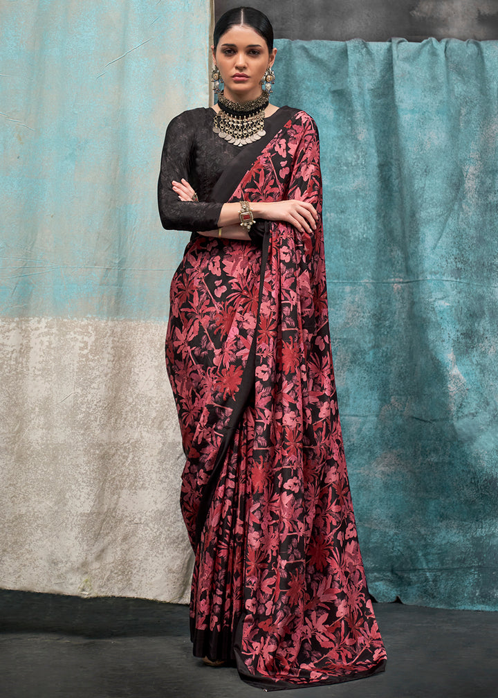 Pink & Black Designer Printed Silk Crepe Saree