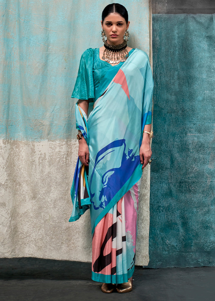 Shades Of Blue Designer Printed Silk Crepe Saree