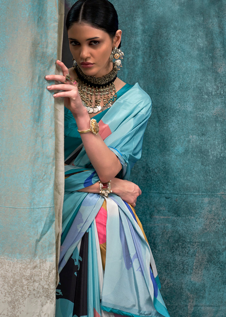 Shades Of Blue Designer Printed Silk Crepe Saree