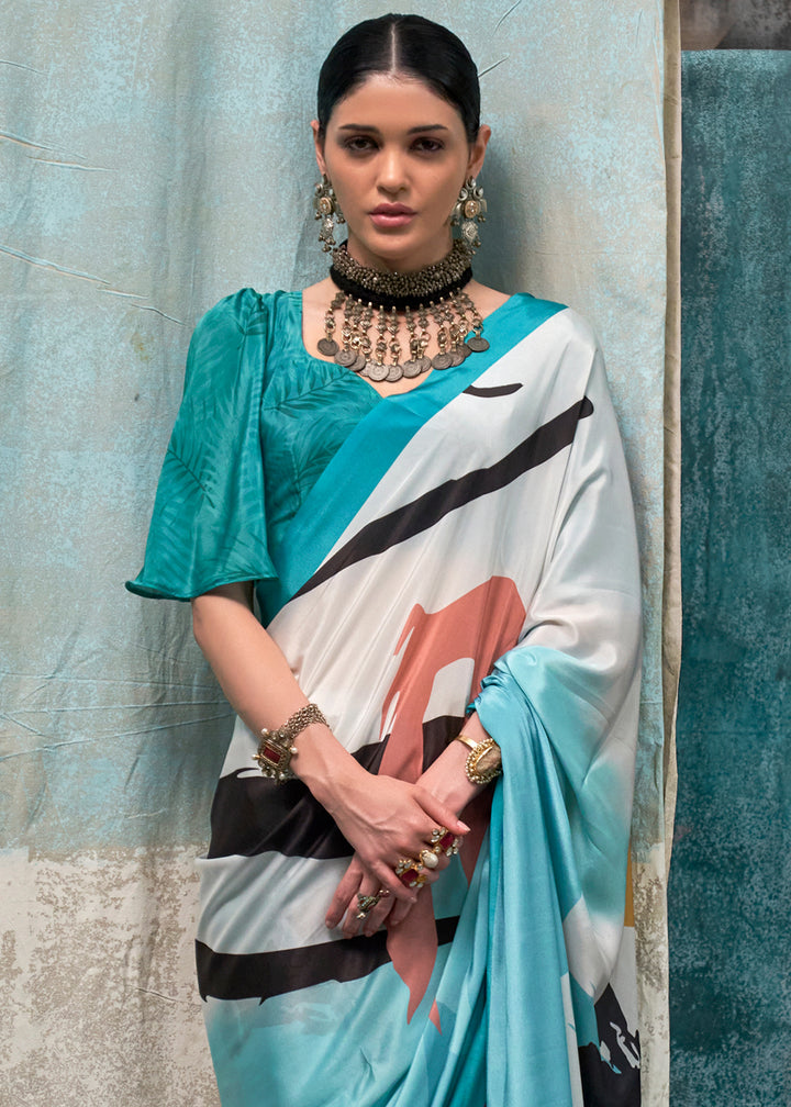 Shades Of Blue Designer Printed Silk Crepe Saree