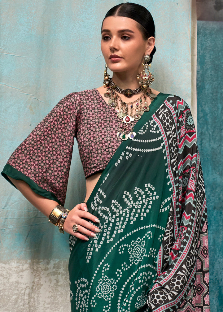 Dark Green Designer Bandhani Printed Silk Crepe Saree
