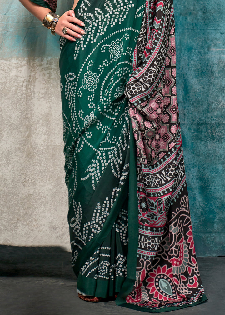 Dark Green Designer Bandhani Printed Silk Crepe Saree