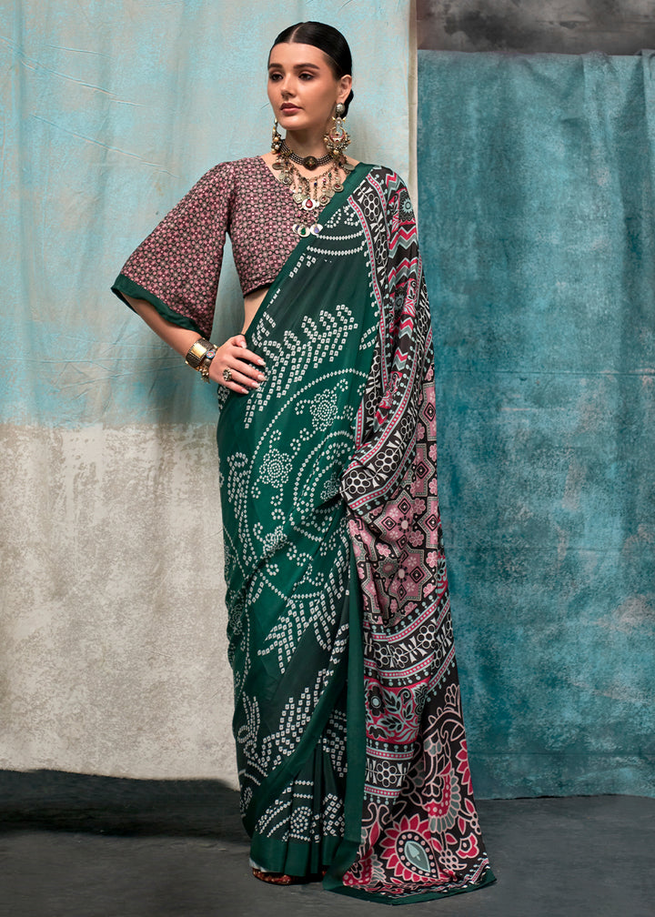 Dark Green Designer Bandhani Printed Silk Crepe Saree